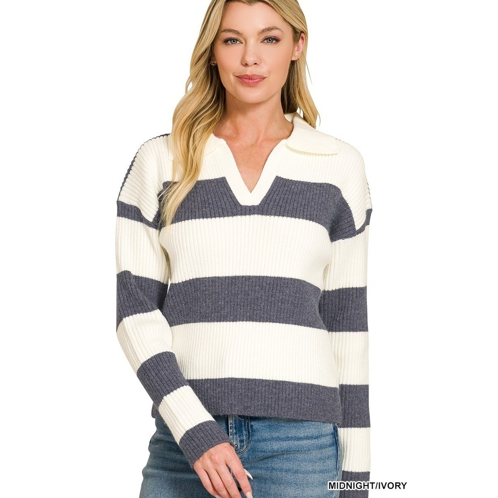 Zenana Striped Collared Sweater - Midnight/Ivory - Small